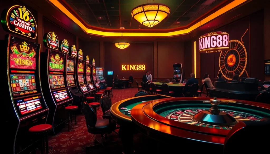 Discover thrilling gaming action at KING88 Casino with vibrant slot machines and an elegant poker table.