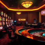 Discover thrilling gaming action at KING88 Casino with vibrant slot machines and an elegant poker table.
