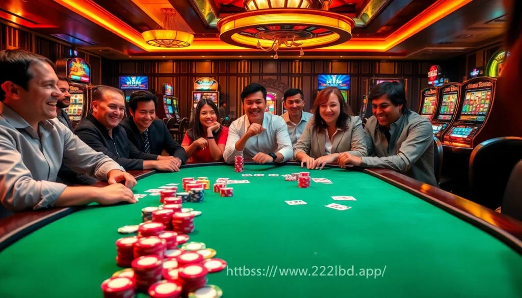 Experience the thrill of winning at https://www.222bd.app/ with colorful poker chips and players at a lively casino table.